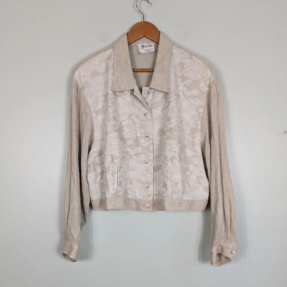 Cropped Jacket Top Brown M Vintage 90s Neutral Tan Indie Cream Floral Boho